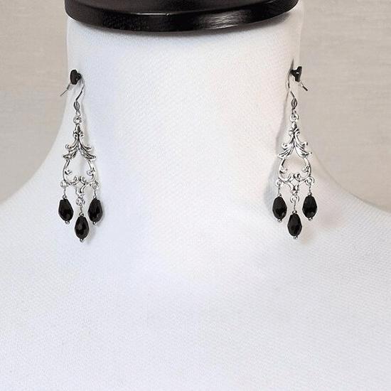 Black Crystal Teardrop Tassel Earrings - Retro Victorian Gothic Baroque Style