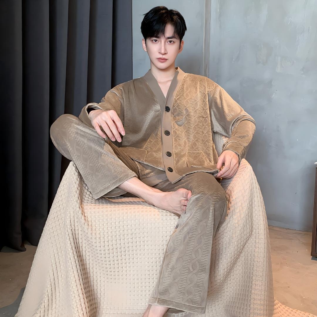 

Мужской пижамный комплект с вельветовой флисовой подкладкой - Осень/Зима 2025, Уютные однотонные цвета, Большой размер. 3XL