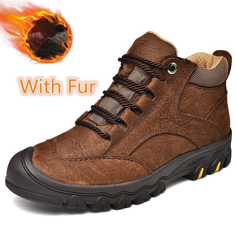 Genuine Leather Mens Ankle Boots Autumn Winter High Top Shoes Non Slip Walking Shoes Lace Up Male Snow Motorcycle Boots Sneakers