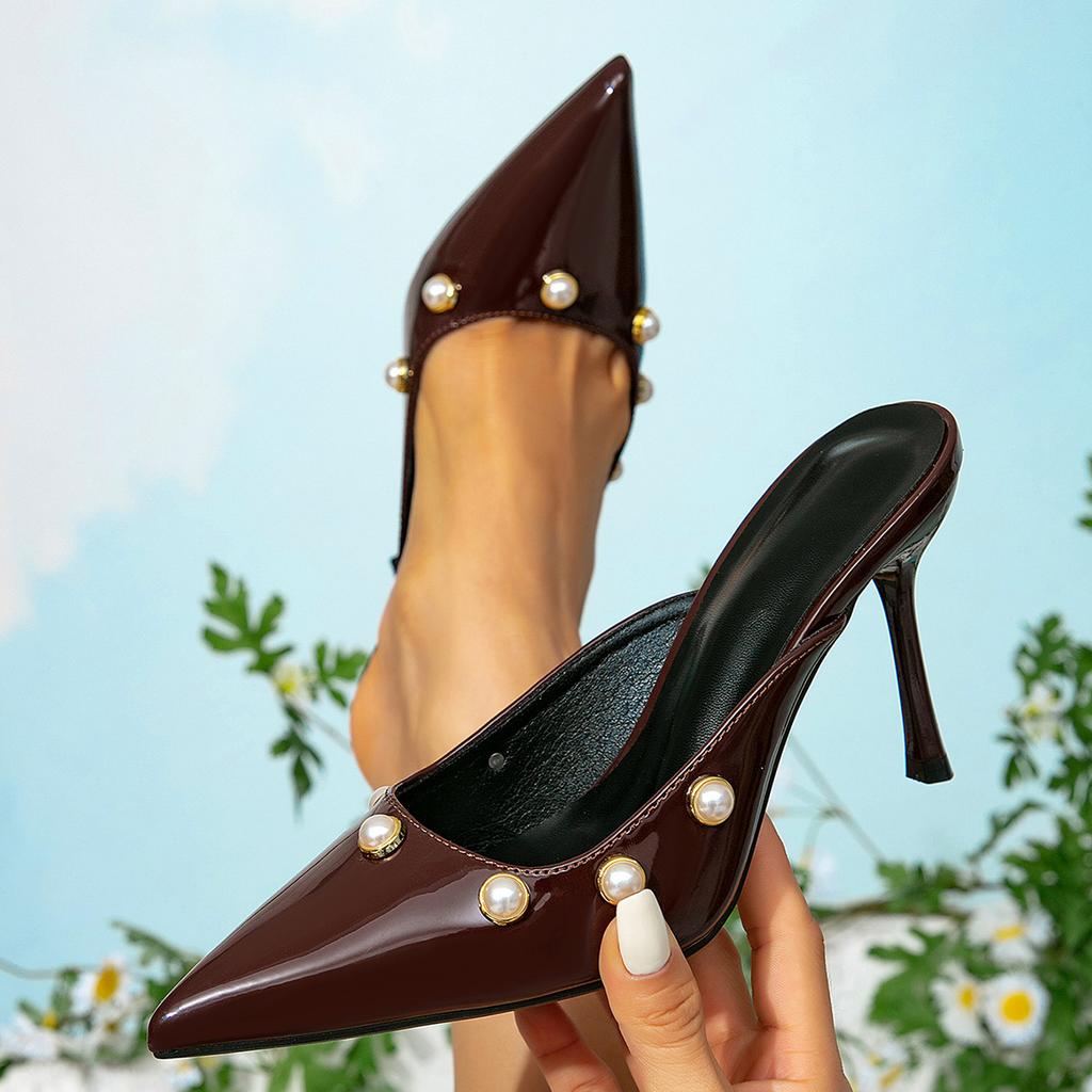 Women's shoes brown high-heeled sandals women's stilettos fashion pointed pearls with simple high-heeled sandals women