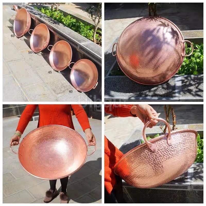 Hand Forged Pure Copper round Wok Pan with Dual Handles Thickened Stir Fry Hot Pot Cookware for Beef Stew Copper Pan cookware