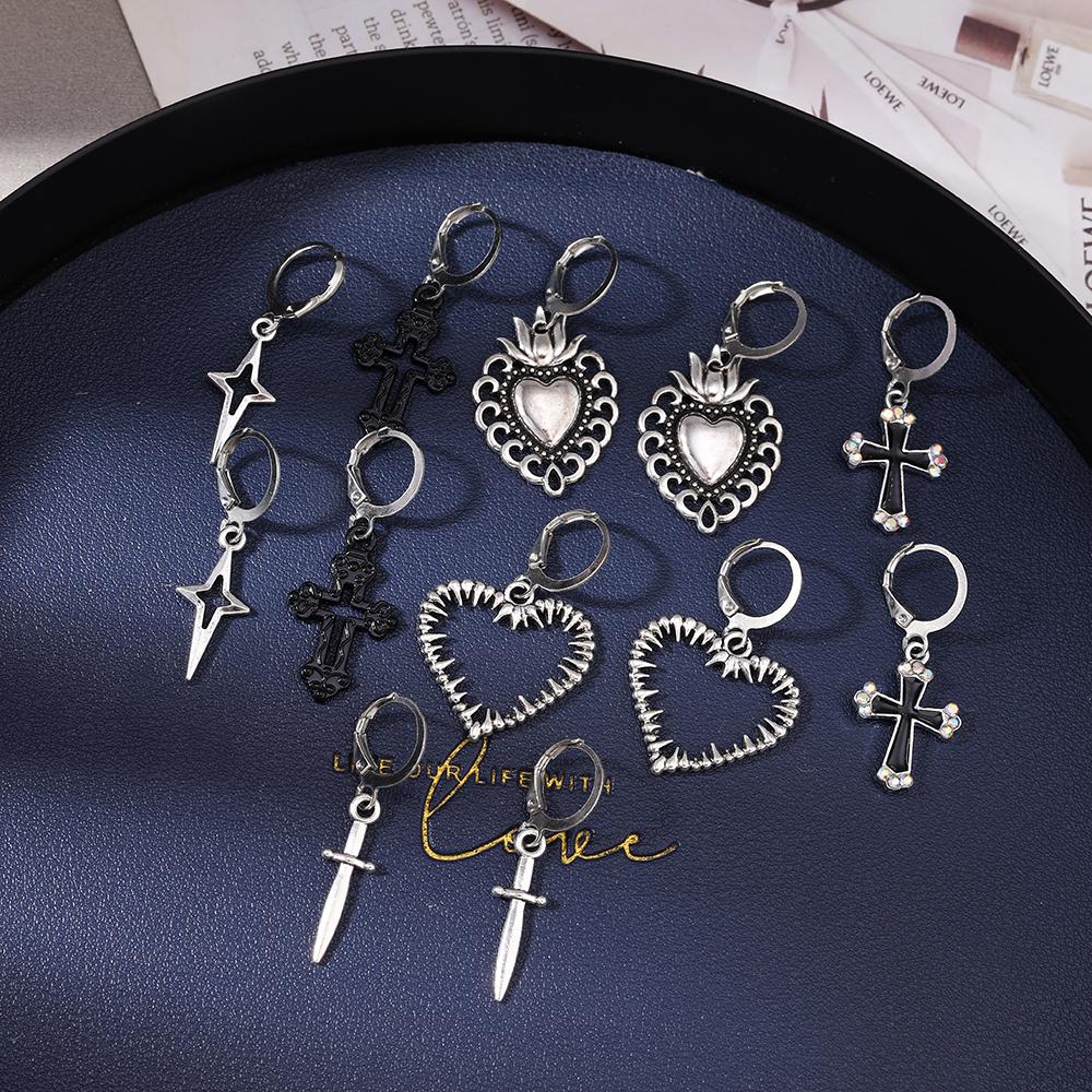 6pairs Gothic Cross Pendant Earrings for Women Men Love Heart Dangle Earrings Metal Punk Jewelry Gifts