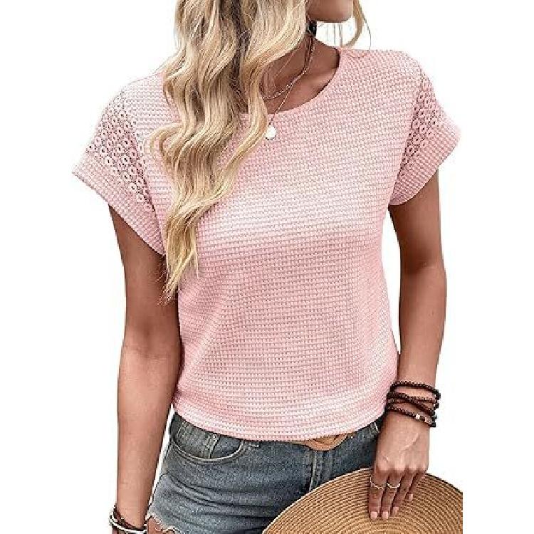 

2026 New Women s Waffle Lace Short Sleeve Round Neck Casual Loose T-Shirt S