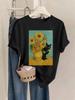 Van Gogh Cat Sunflower Dot Element Printed Women's Spring and Summer Combined Version Round Neck T-s