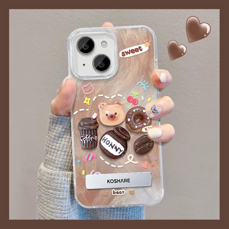 Suitable for Apple 15 Mobile Phone Case Summer Iphone 14pm Coffee Bear Doll Invisible Bracket 13 Feather Yarn