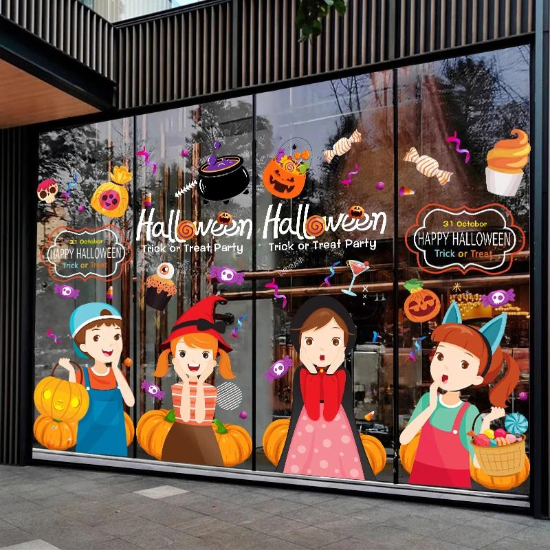 45x120cm Halloween Pumpkin Window Stickers Cartoon Candy Jack-o'-lantern Static Sticker Black Cat Ghost Festival Happy Halloween