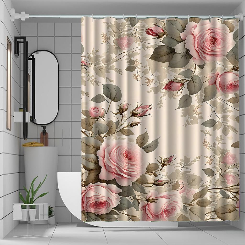 1pc pink romantic floral shower curtain, high-end elegant bathroom curtain, bathroom decoration pattern