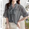Houndstooth Short Loose Everyday Summer [Bidason] Women's Blouse, Shirt, Chiffon, Pattern, Bowtie, Stylish, Cute, V-Neck, Adult, Feminine, Thin,
