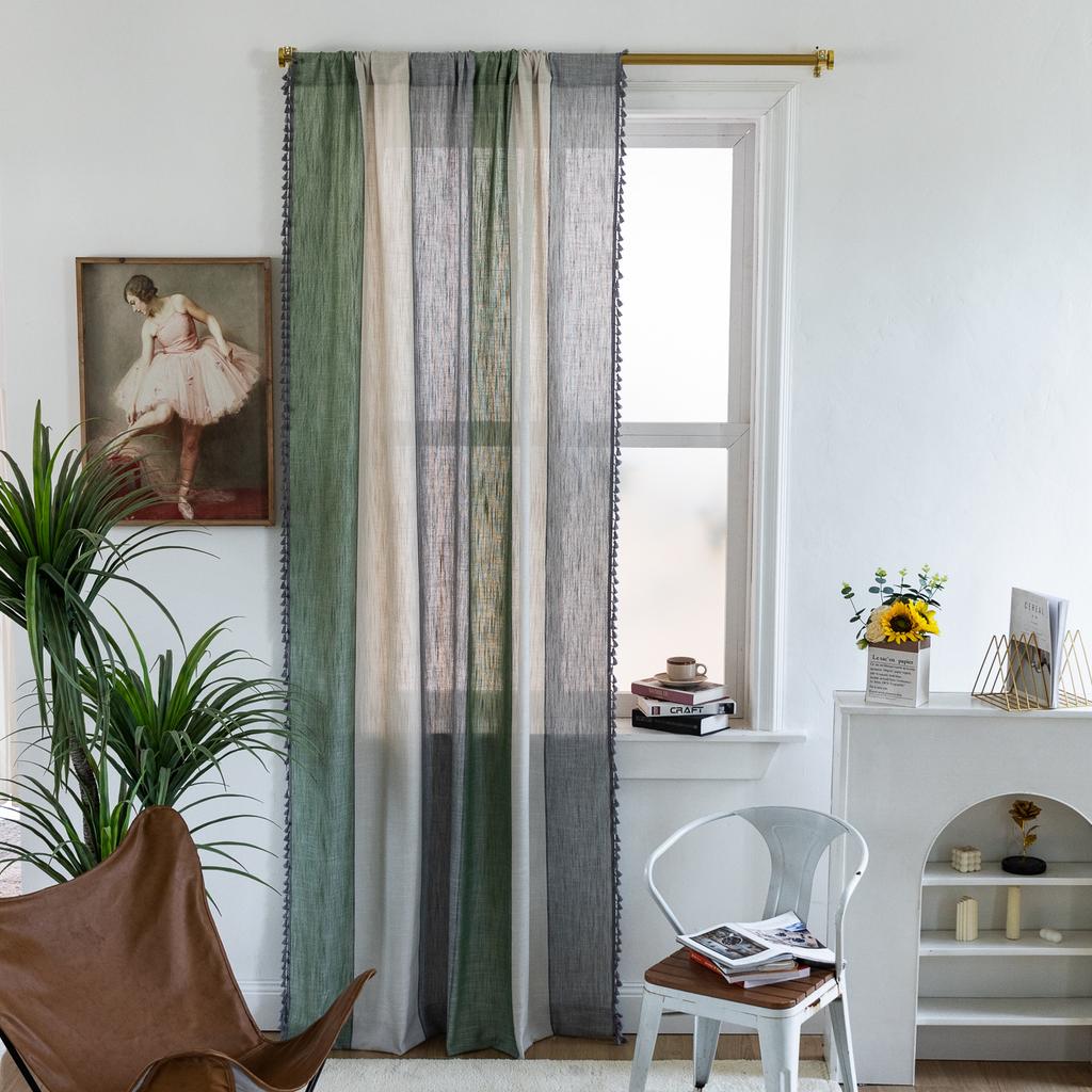 Finished Curtains Cotton And Linen Fabric Striped Color Matching Gray Fringed American Farmhouse Coffee Curtain