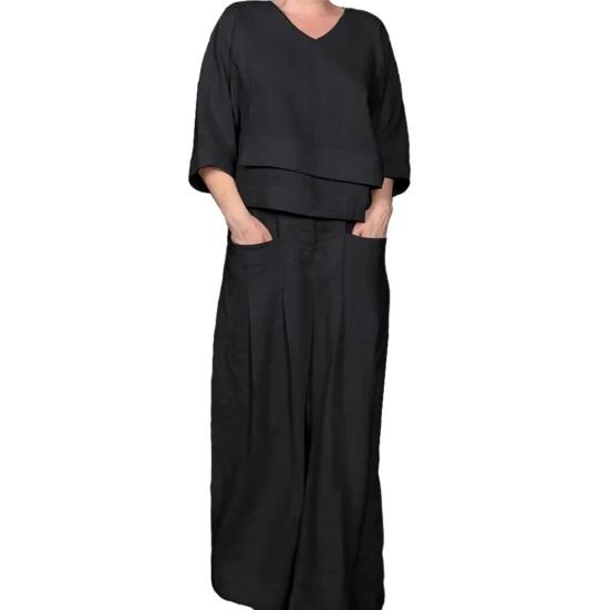 

Женские летние свободные комплекты из 2 предметов, повседневный топ с V-образным вырезом и рукавом 3/4 и широкие брюки, домашние костюмы с карманами XXL чёрный