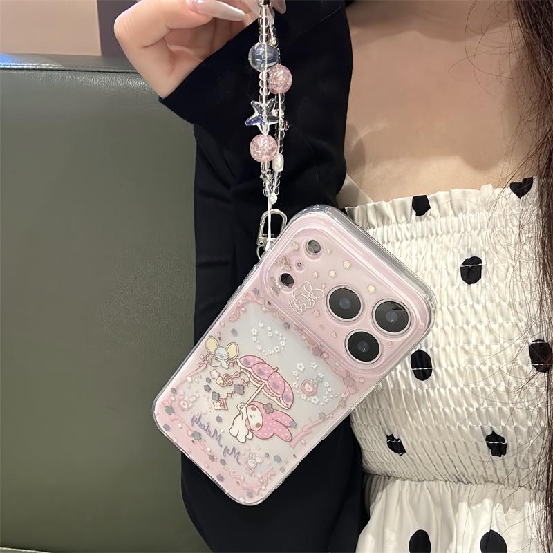 New My Melody Kawaii Glitter Phone Case With Wrist Strap For iPhone 15 16 17 Pro Max INS Pink Cute Shockproof Protective Cover