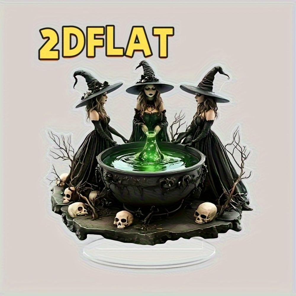 2D Flat Fantasy Witch Trio Acrylic Statue Decoration - Crystal Inspired Tabletop Holiday Decoration  or Birthday and Holiday Gifts,   for Halloween.
