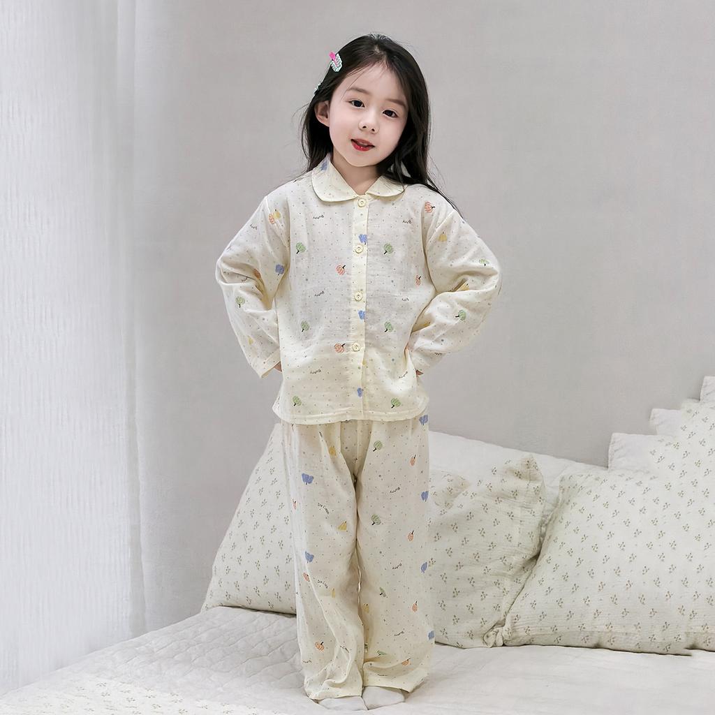 Spring And Summer New Children'S Gauze Pajamas Boys And Girls Printed Long-Sleeved Trousers Loungewear Set Loose And Thin