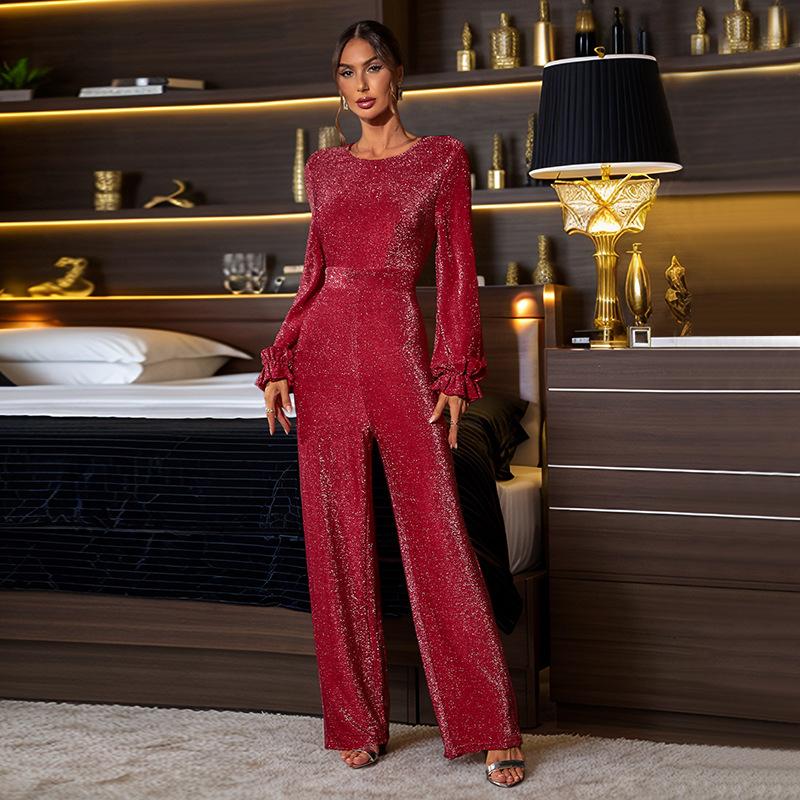 

Модный осенний комбинезон, легкое платье, комбинезон с открытой спиной, ретро, с высокой талией, длинными рукавами, широкими штанинами для женщин S красный