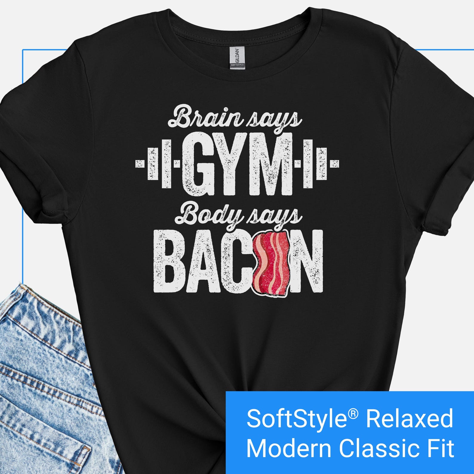 Funny Bacon Lover Gym Fitness Shirt, Food and Fitness T-shirt, Gym vs Bacon Humor Tee, Funny Workout Tshirt, Gym Gift, Brain Gym Body Bacon 2XL