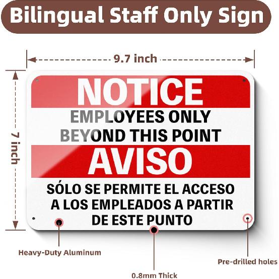 2 PCS Employees only Sign Bilingual 9.6x7 inch, Employee only Signs for Doors Aluminum, Employees only Beyond this Point Sign Reflective, Horizontal