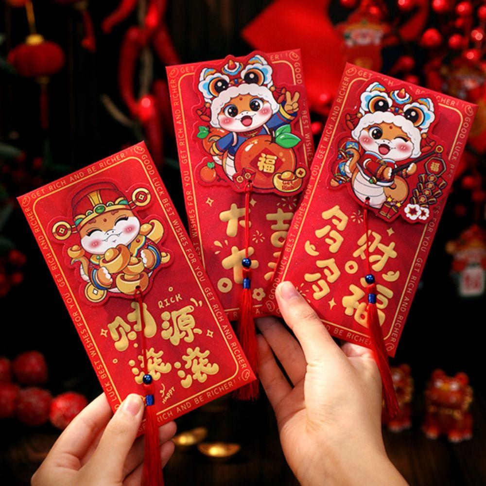 6 szt. Kreskówkowe 3D Kieszonki na pieniądze noworoczne Tradycyjne koperty na szczęśliwe pieniądze Zaopatrzenie na Święto Wiosny