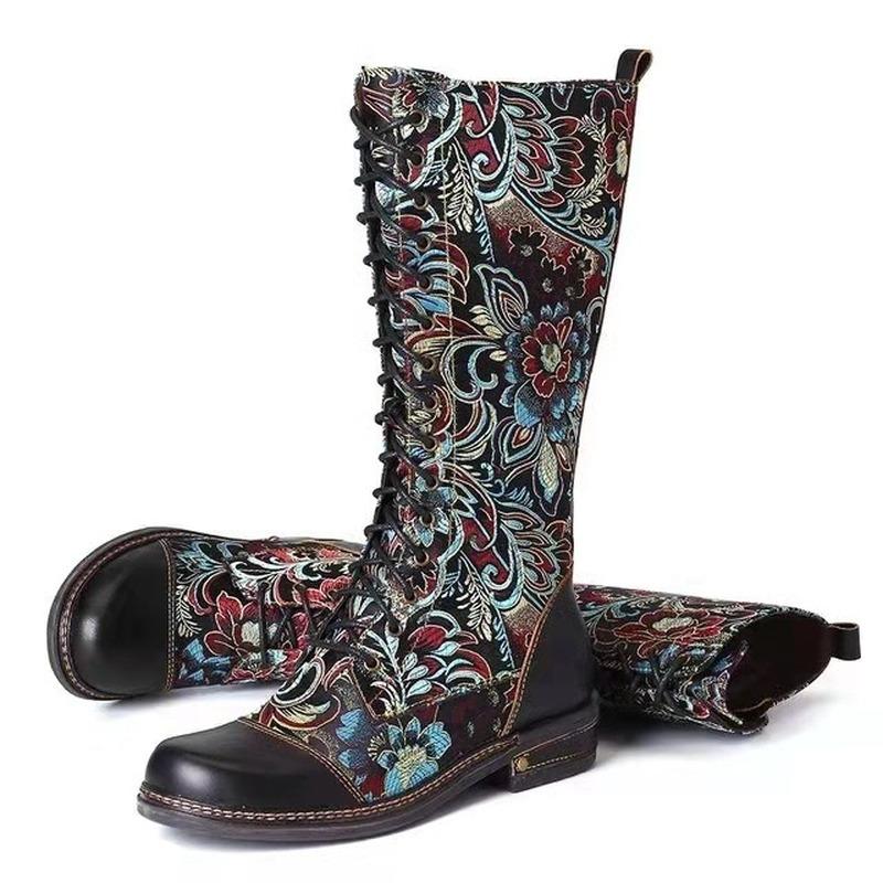 Fashion Women 'S Knee High Boots Soft Microfiber Leather Print Ladies Shoes Retro Style Platform Low Heel Woman Knight Long Boots