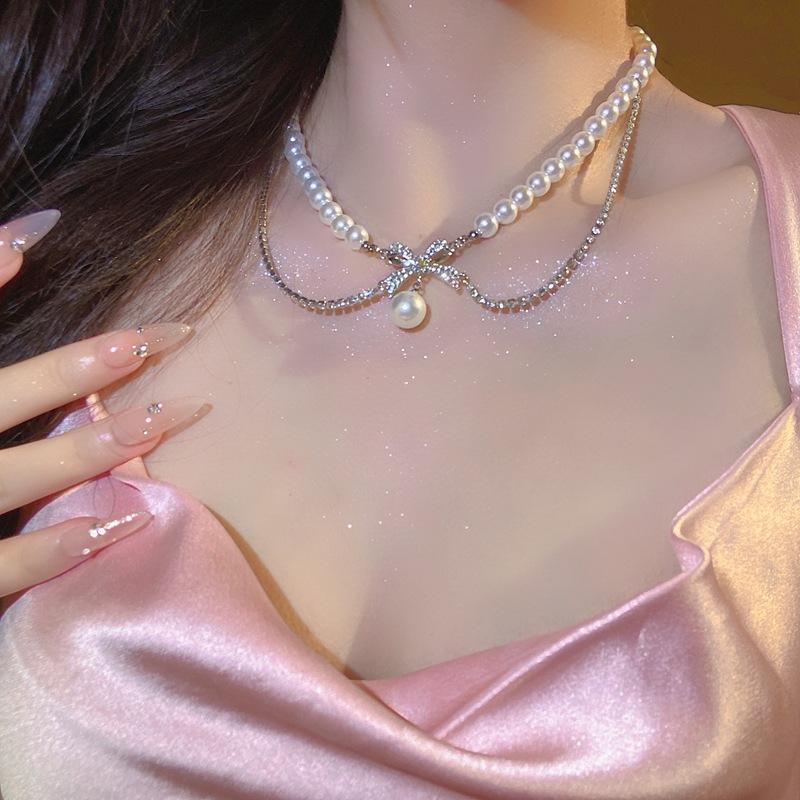Belated Romance Flash Diamond Bow Pearl Necklace Cold Wind Design Sense Choker Collarbone Chain For Women