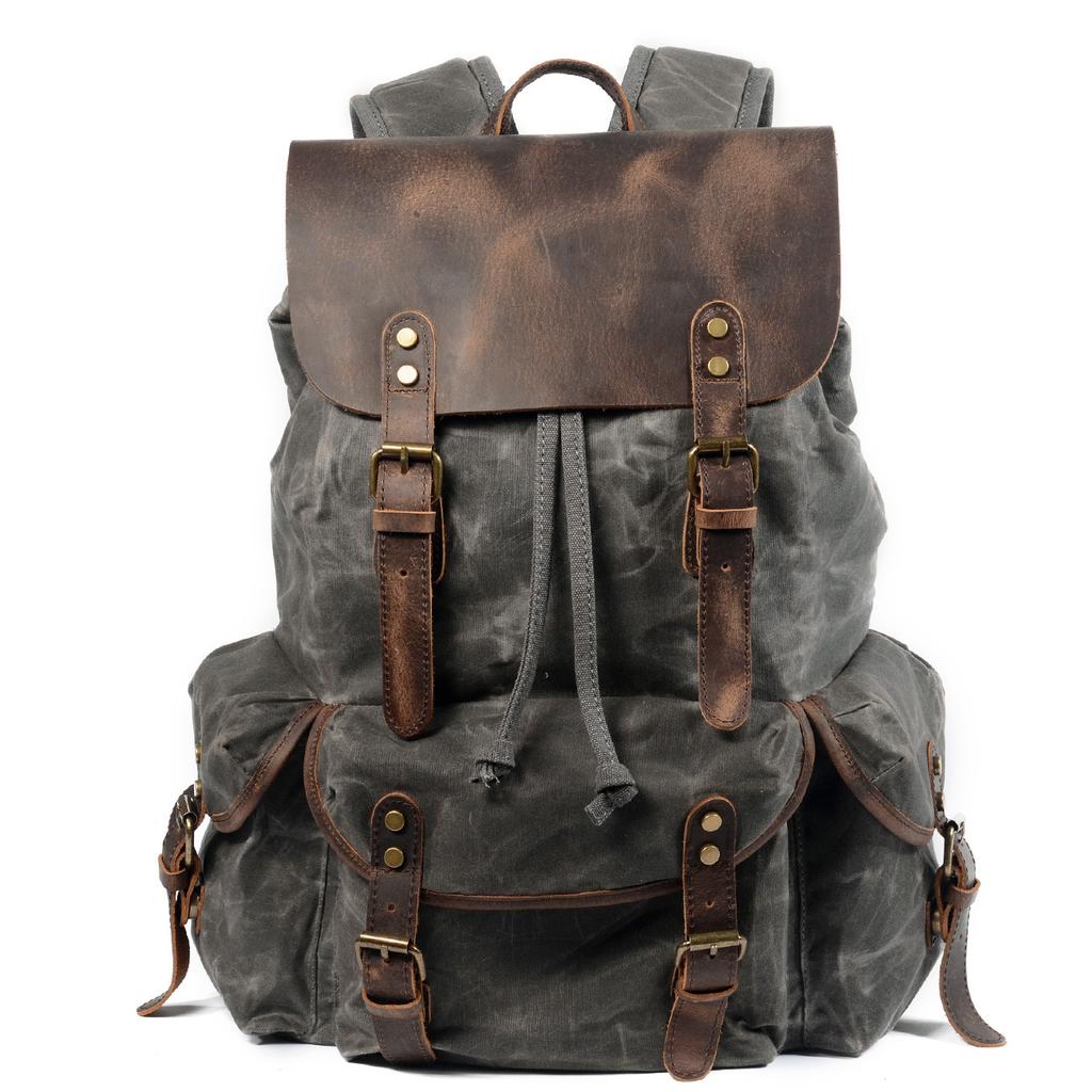 Oil Waxed Traveling Students Rucksacks Large Capacity Waterproof Laptop Daypacks Pure Cotton Canvas Leather Backpacks