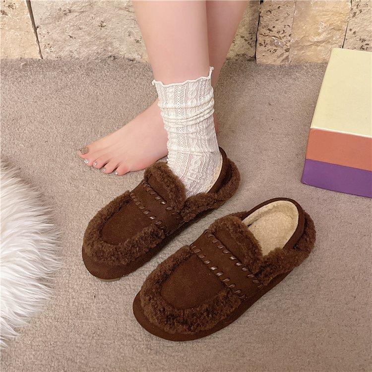 Doudou Lamb Wool Shoes Women's 2025 Autumn and Winter New Flat-bottomed Retro Boken Shoes Velvet Single Shoes One-pedal Cotton Shoes