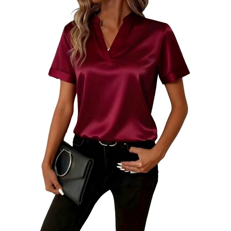 Women's V Neck Satin Top Short Sleeve Shirt