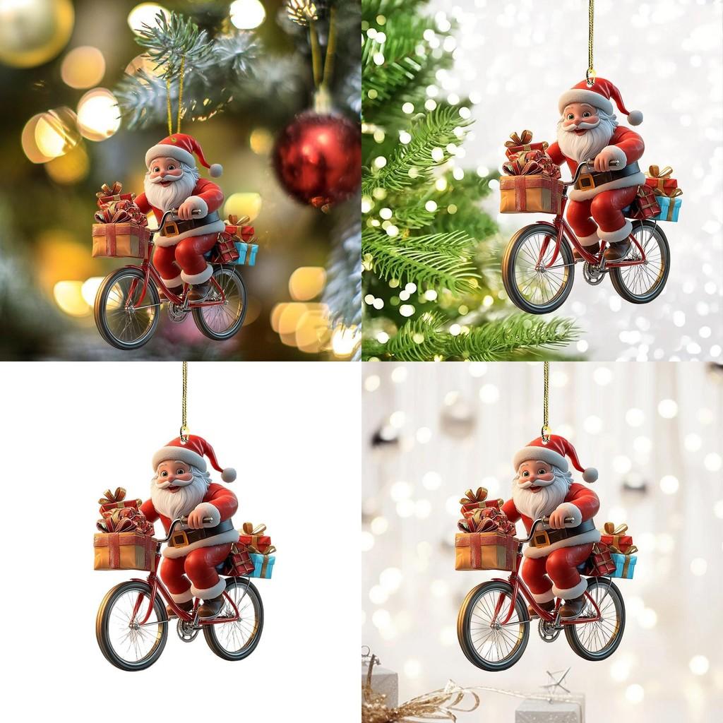 Santa Claus Rides Bike Decor Acrylic Pendant For Christmas Enhancement Interior