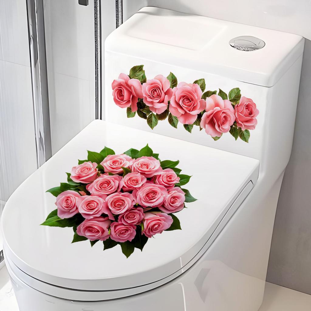 Romantic Pink Rose Toilet Sticker Self-adhesive Waterproof Bathroom Decoration Sticker