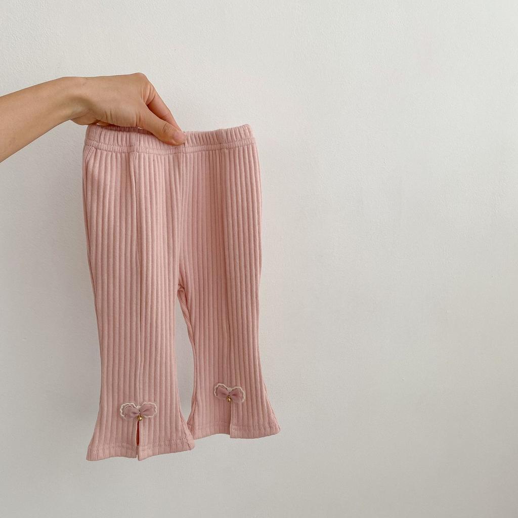 Girls High Waist Ribbed Stretch Flare Pants with Slit and Bow Detail