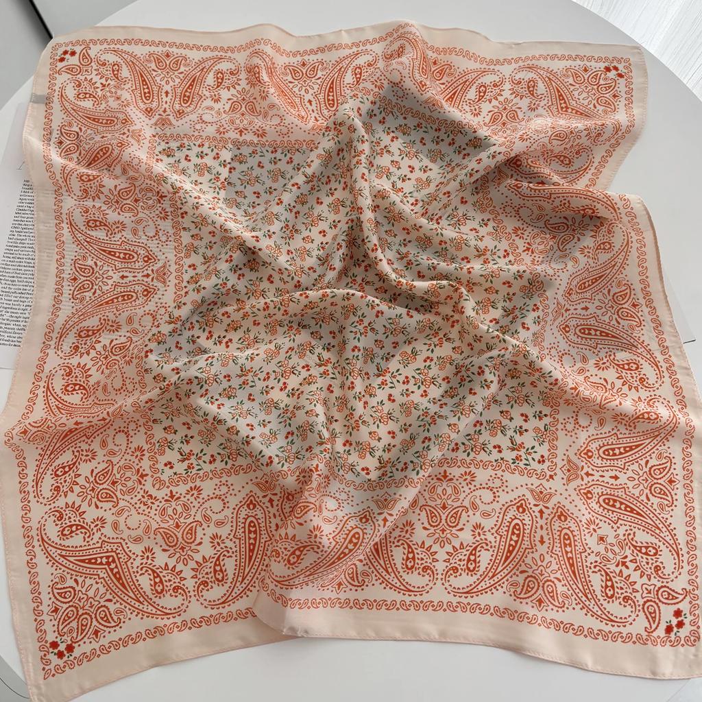 New Flowers Print Shawl Square Scarf for Women Satin Fashion Wraps Neckerchief Female Hair Bands Ribbon Headband Bandana