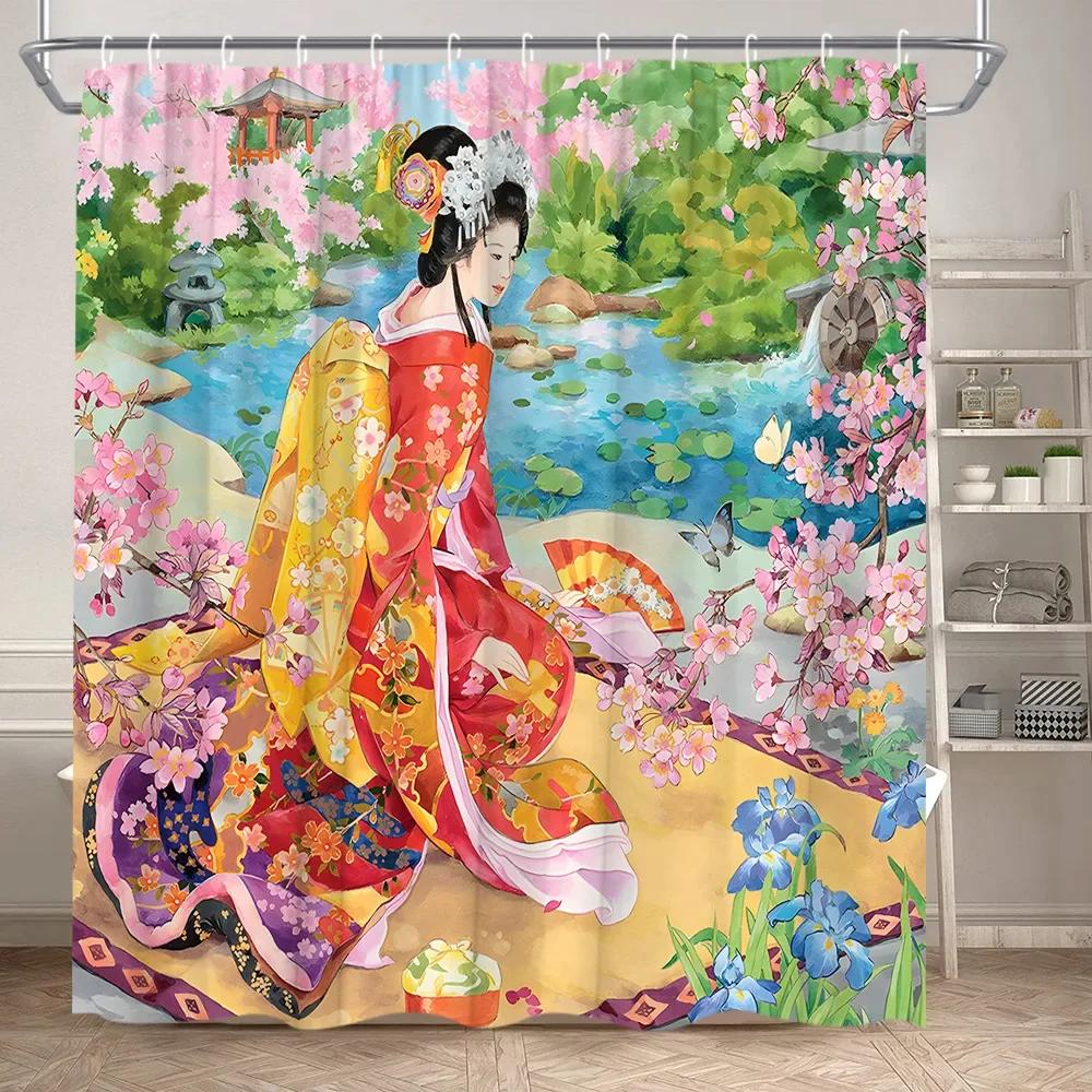 

Азиатская Женщина Занавеска для Душа Японское Кимоно Сакура Пейзаж Живопись Тушью Искусство Полиэстеровая Ткань Декор для Ванной Комнаты Набор Занавесок 90x180cm35x71in