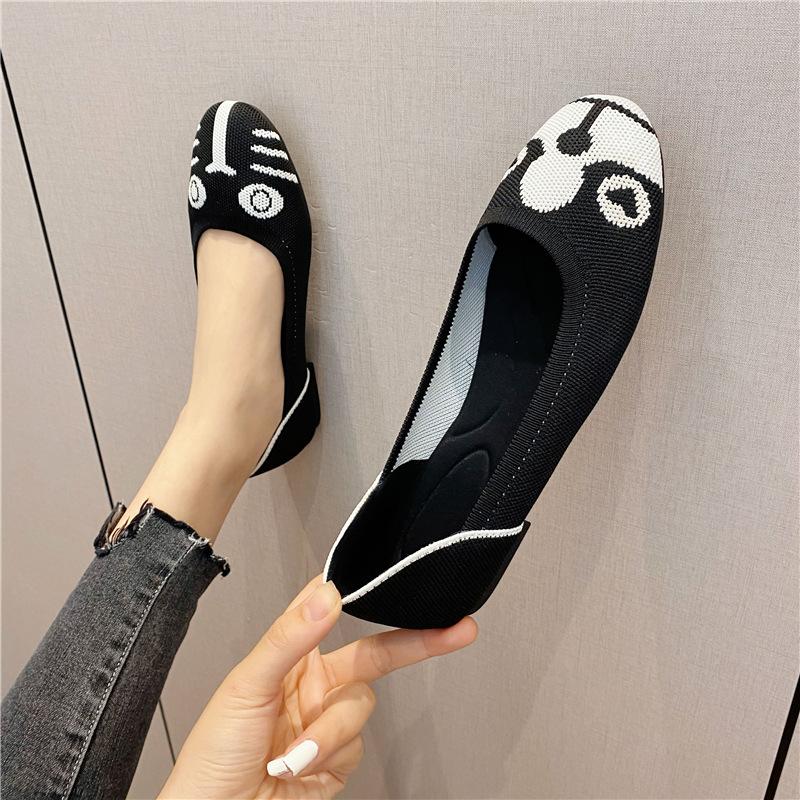 Women Shoes  Bowknot Flat Shoes Soft Pregnant Scoop Shoes Square Head Knitted Shoes Tide Girl Peas Shoes Female Ballet Shoes