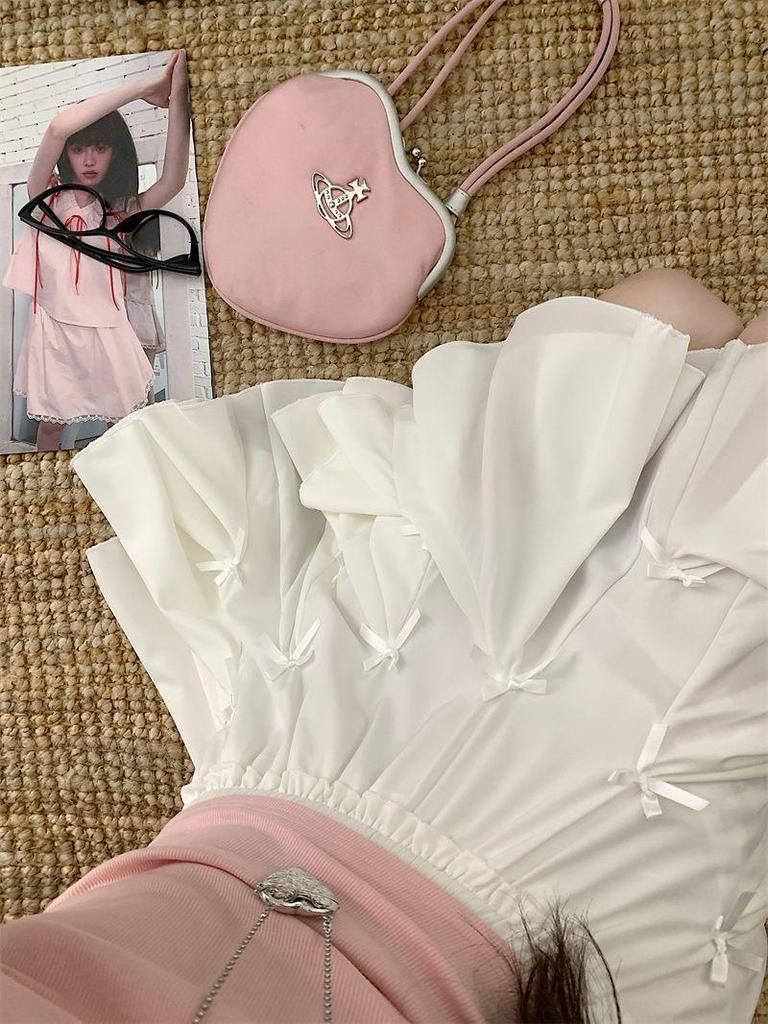 Petite Women's Summer Elastic Waist Pleated A-line Mini Skirt with Built-in Safety Shorts and Bow