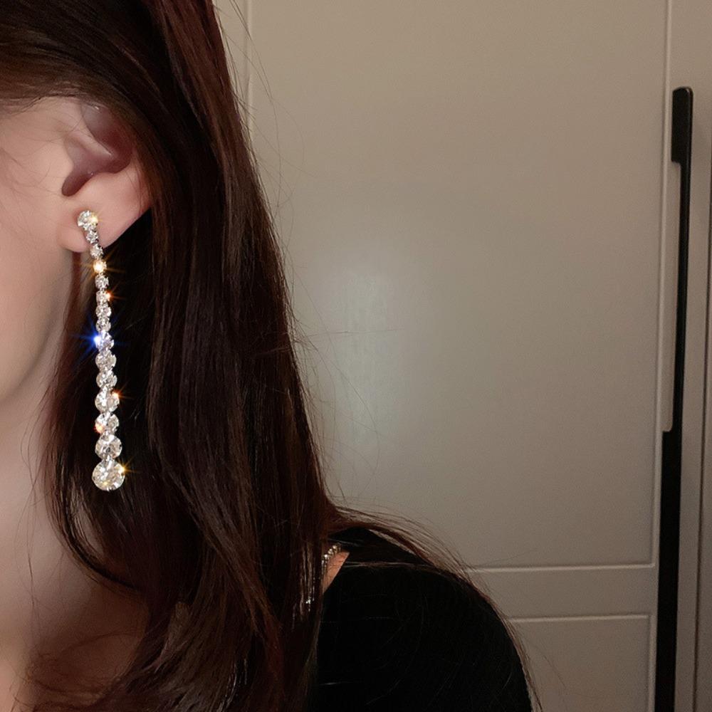 Temperament Luxury Super Sparkly Zircon Long Tassel Dangle Earrings for Women Korean Bride Wedding Engagement Jewelry Accessory
