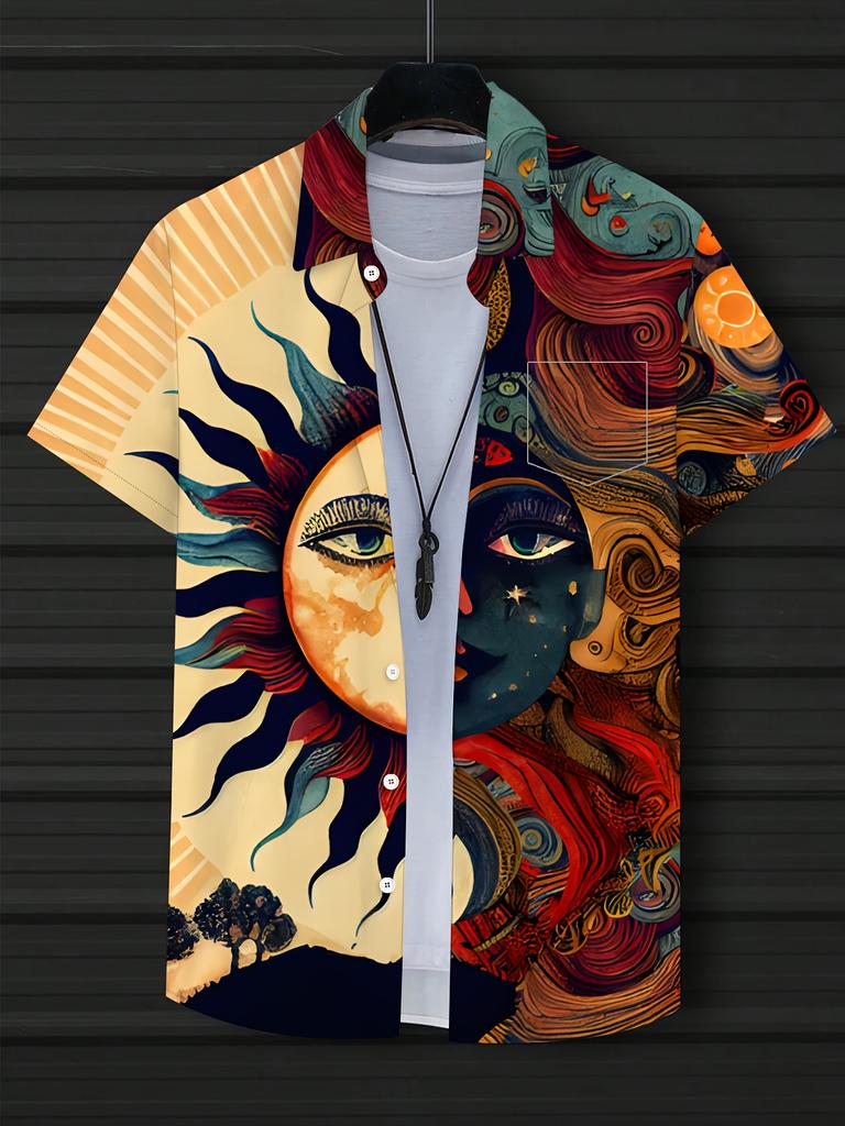3D Digital Printing Summer Short Sleeve Shirt for Men, Double-Sided Pattern Design, Buttoned, Turn- Collar, Regular Style, Fashionable Sports Casual