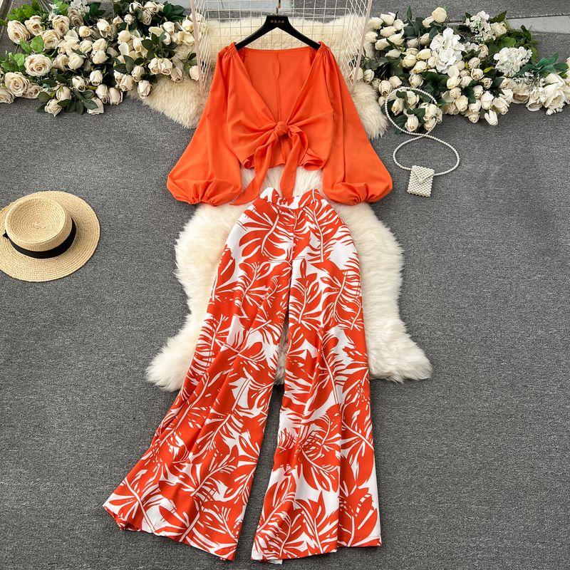 

Accessible Luxury Vacation Style Lantern Sleeve Pants Suit Cardigan Orange XL