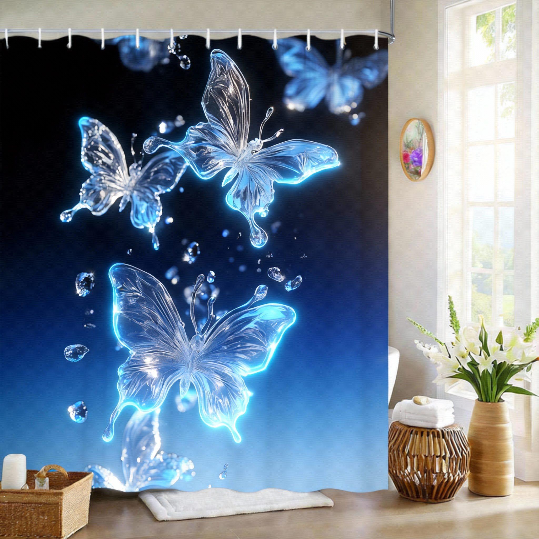 

Dreamlike Butterfly Shower Curtain Water Droplet Design On Black Background Polyester Bath Curtain With Hooks For Fantasy Decor W60H190(CM)-1 Pcs