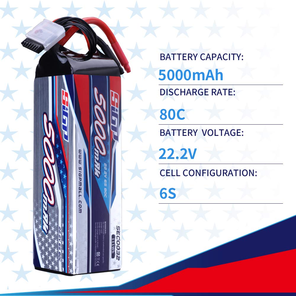 SIGP 6S 22.2V LiPo 5000mAh 80C Soft Pack for RC Helicopter Airplane FPV Drone Quadcopter Racing Hobby