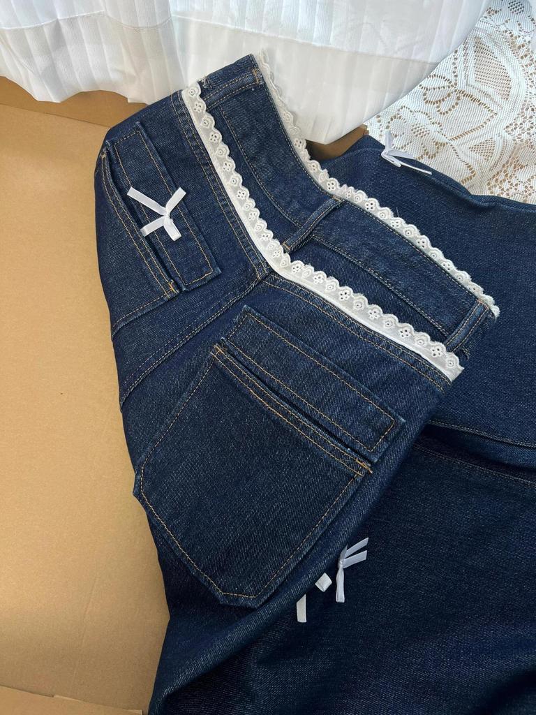 Blue Lace Denim Jeans: Women's Slimming, Loose-Fit, Washable Straight Pants for Spring and Autumn