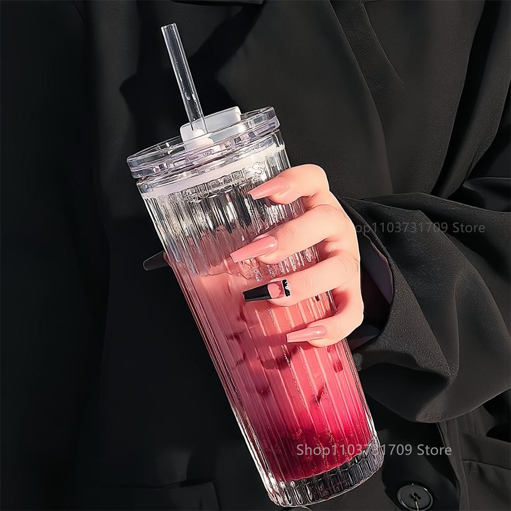 600ML Stripe Glass Cup With Lid and Straw Thickened Transparent Coffee Cup Drinking Glasses For Milk Tea Juice Iced Coffee Mugs