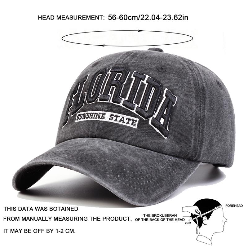 Unisex FLORIDA Letter Embroidery Wash Baseball Caps Spring and Autumn Outdoor Adjustable Casual Hats Sunscreen Hat