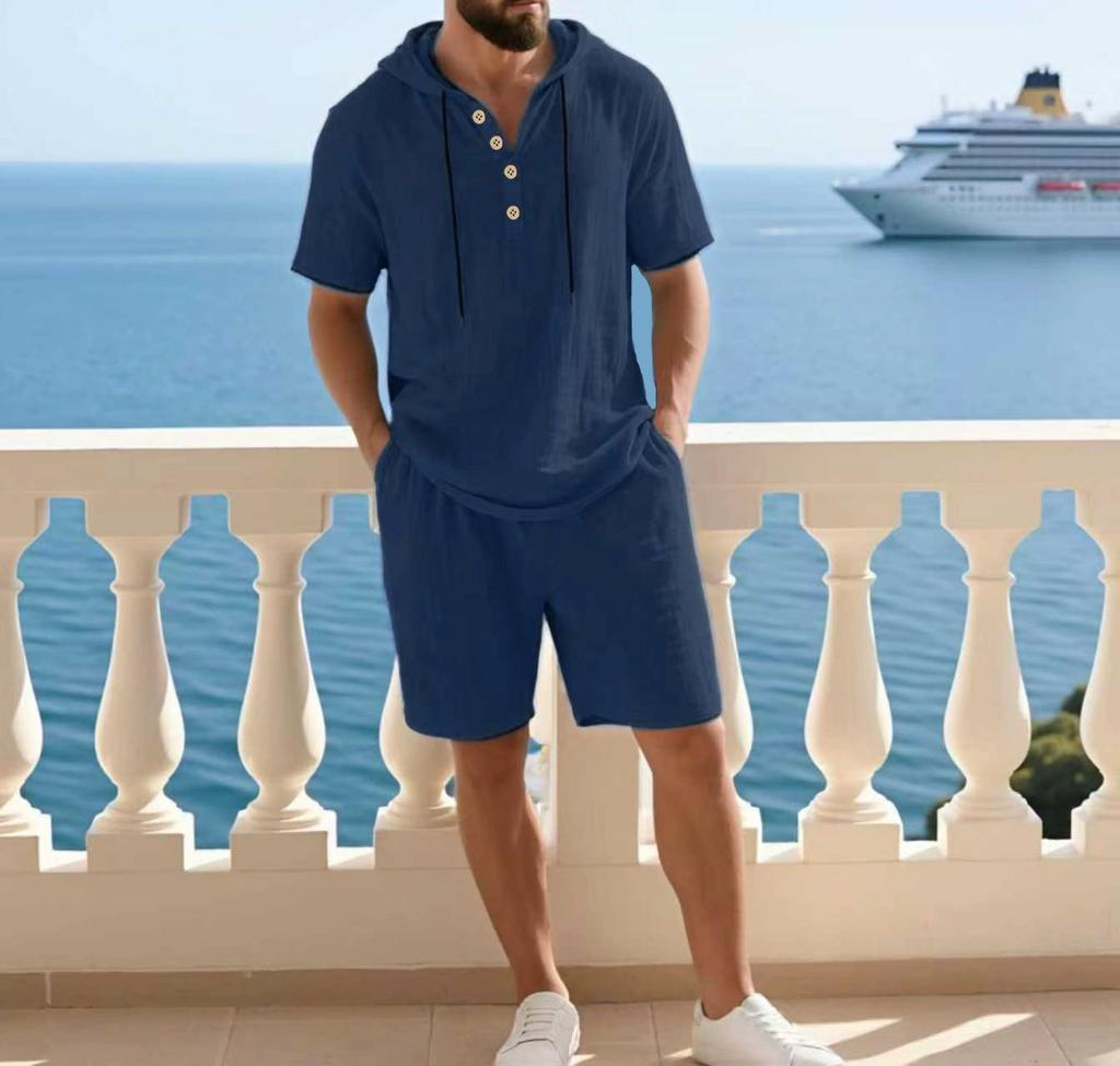 Set Casual Due Pezzi da Uomo a Manica Corta con Cappuccio e Pantaloncini a Colore Solido