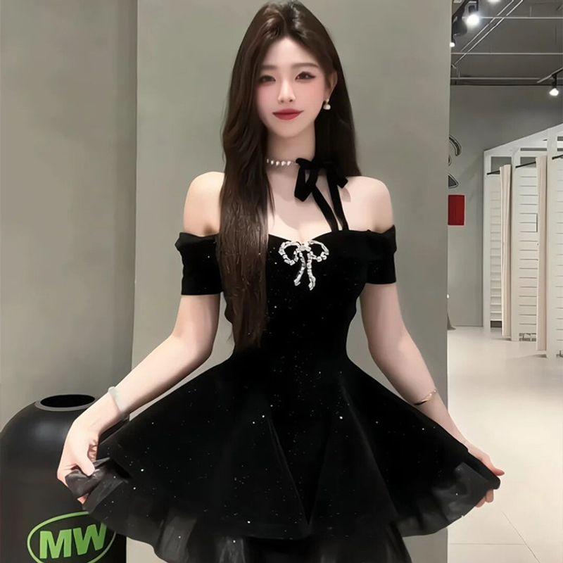 

Syj/Shuyijia French-Style Black Dress for Slightly Plump Women, Puffy Skirt, Waist-Cinching, Slimming Little Black Dress, Birthday Dress