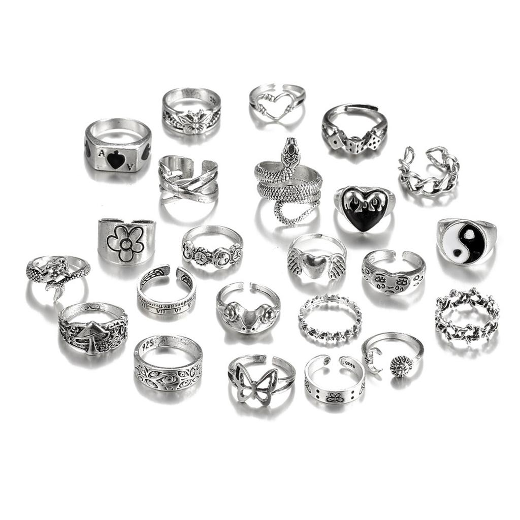 Pack of 24 Stylish Silver Gothic Rings for Men and Women Y2K Style Featuring Skull Cross Heart and Butterfly Elements