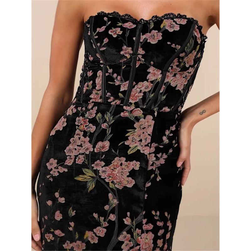 Foreign Trade Order Lu's Wrap-around Print New Split Long Legs Retro Velvet Slimming Banquet Annual Meeting Formal Dress Dress