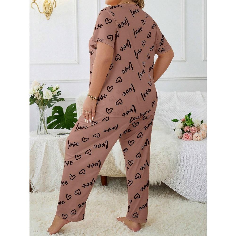 Plus Size 3XL 4XL 5XL Sleepwear Heart Letters Print 2 PCS Pajama Set Women's Casual Short-Sleeve Top and Pants Loungewear