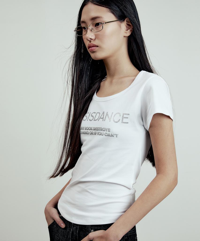 LMOOD WOMEN Jewel Trimmed Half T-Shirt White