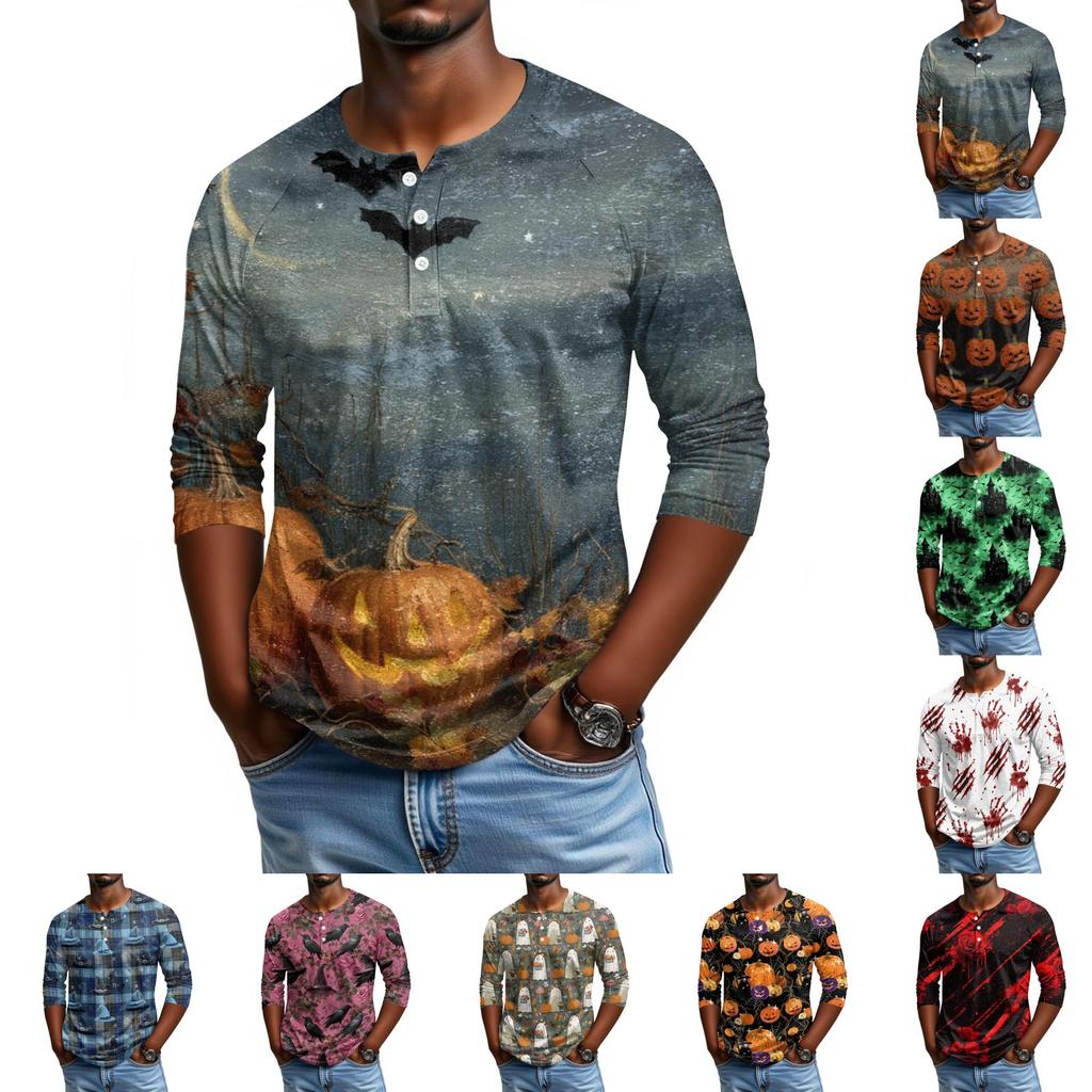 Men's Casual Halloween Print Raglan Sleeve Henley Shirt Three Quarter Sleeve Lightweight Comfortable Top for Everyday Wear