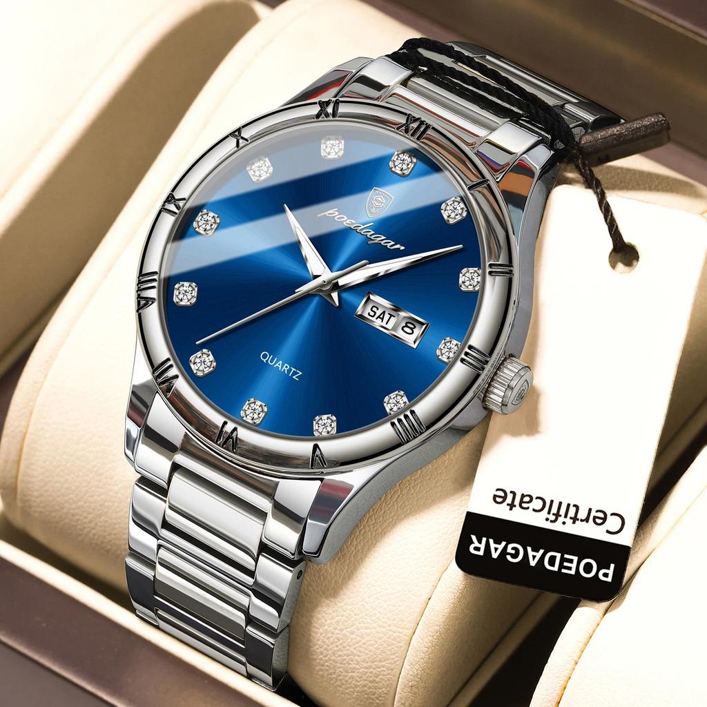 POEDAGAR Top Luxury Watch for Man Date Week Waterproof Luminous Wristwatch Quartz Stainless Steel Men's Watches Sports