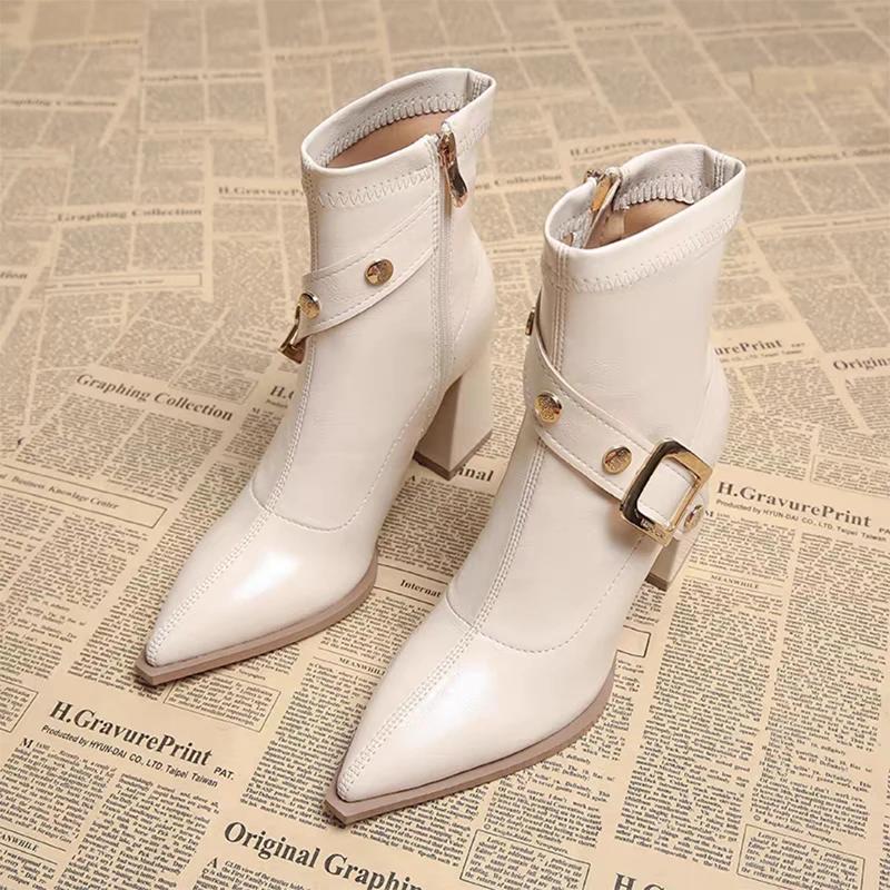 Pointed Toe Women High Heels Ankle Boots Elegant Leather Shoes Winter Chelsea Boots Chunky Dress Pumps Fashion Short Botas